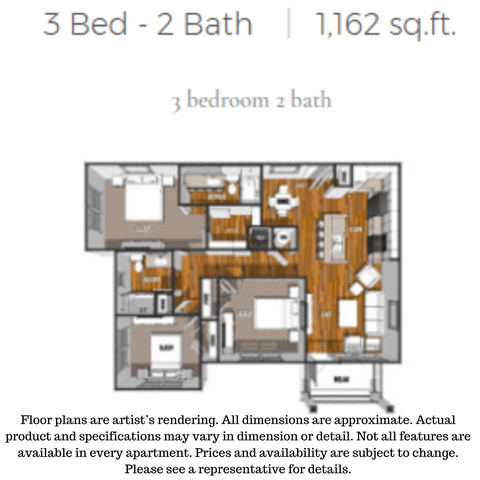 Floor plan for 3 beds, 2 baths, 1283 sqft